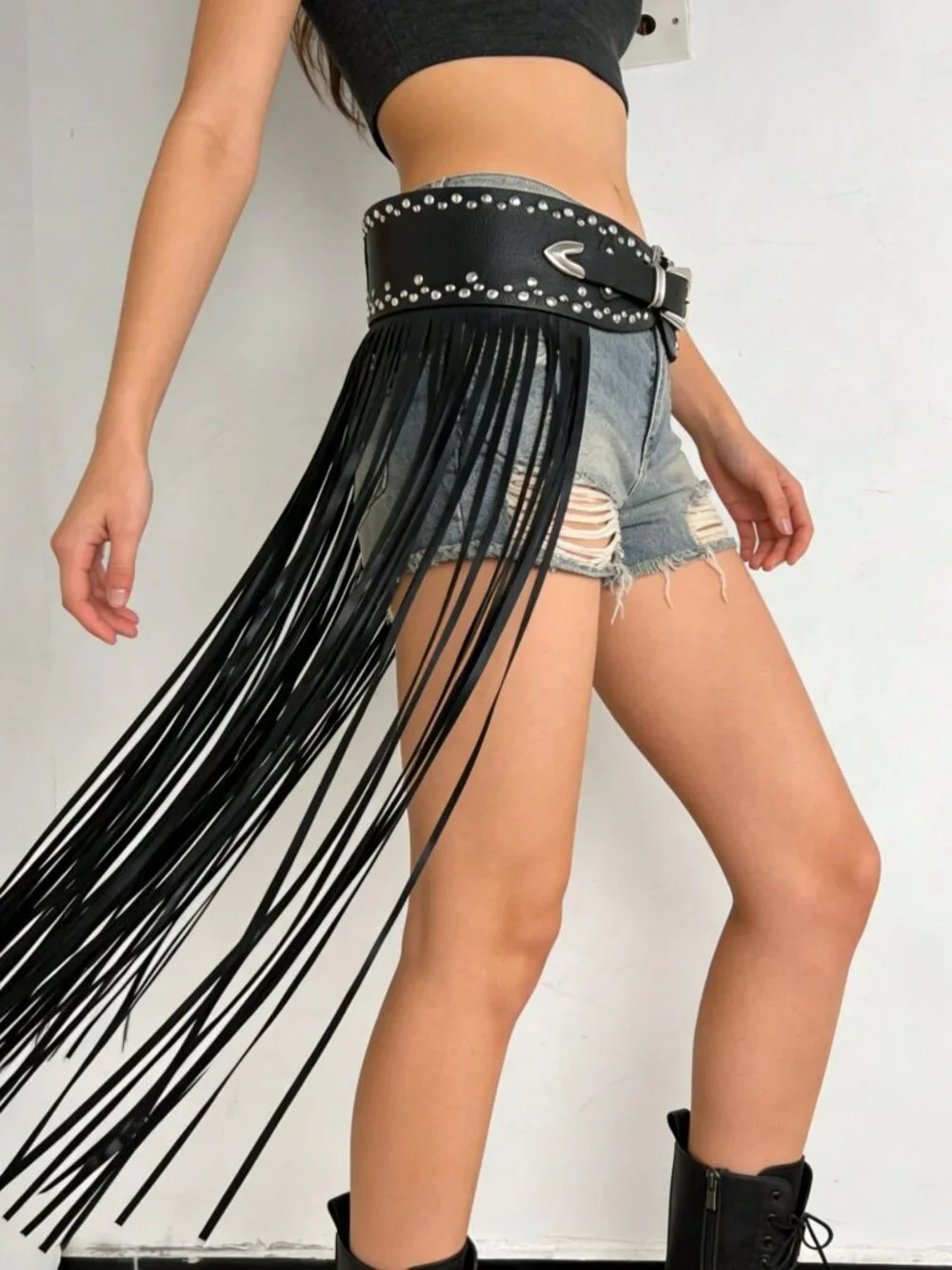 Coffee Y2K Chic Women's Faux Leather Fringe Punk Rivet Belt with Alloy Buckle